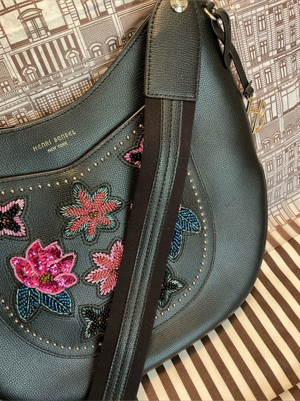 Henri Bendel West 57th Embellished Floral Appliqué Crossbody Hobo - Picture 13 of 16